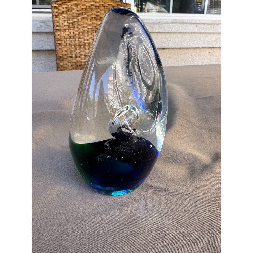 Green & Blue Art Glass Tear Drop Bubble Paperweight 4.5” Tall